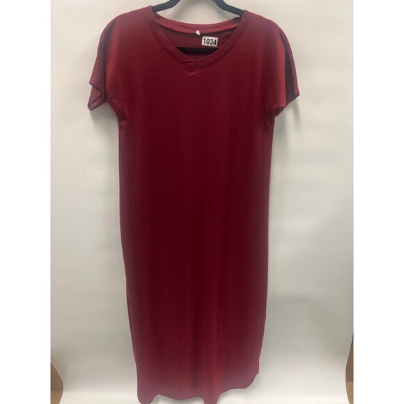 Casual Red Midi Dress Short Sleeves V-Neck Relaxed Fit - Picture 2 of 6
